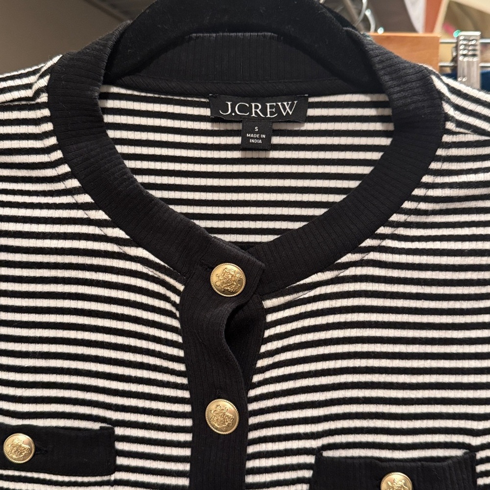 J. Crew Striped Black and White cardigan top with Gold Buttons - Picture 2 of 3